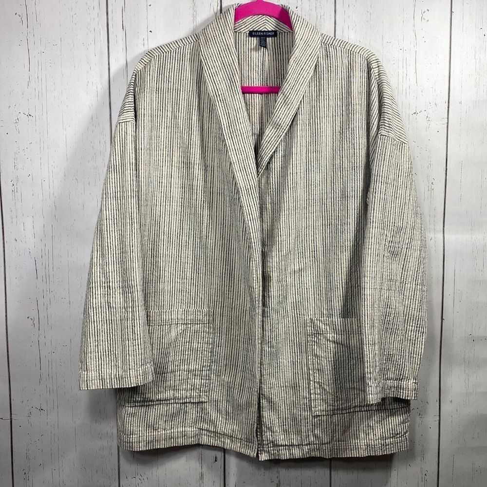 Eileen Fisher Womens Stripe Cotton Oversized Open Front Blazer Jacket